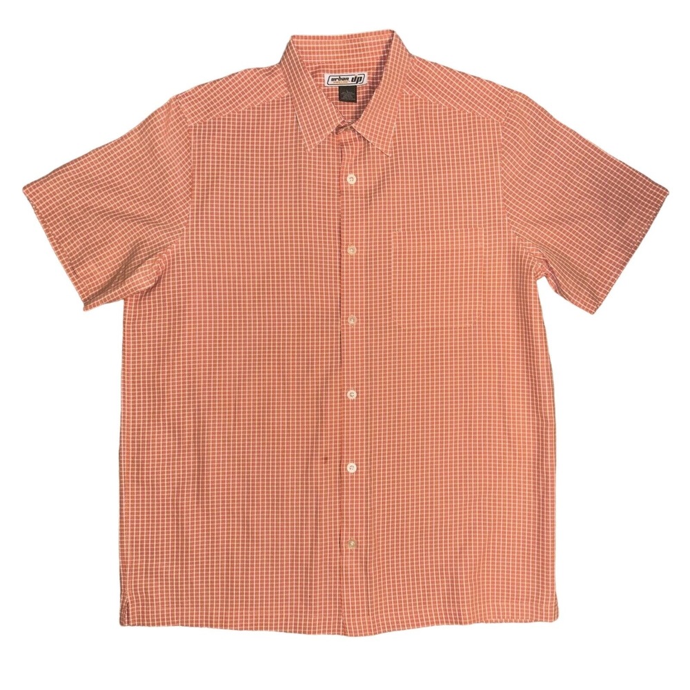 Urban Pipeline Men's Shirt Large Short Sleeve Button Up Pocket Orange Plaid‎ EUC
